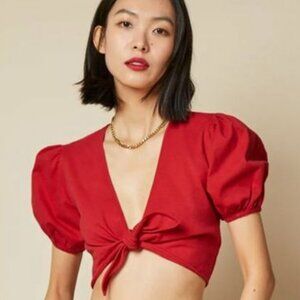 Aritzia Red Puff Sleeve Tie Front Crop‎ Top Womens Size Medium Sunday Best 77868